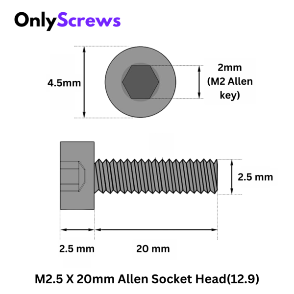 Second image of M2.5 X 20mm Hex (Allen) Socket Head High Tensile(12.9) Black oxide screw (Dia. 2.5mm, Length 20mm)