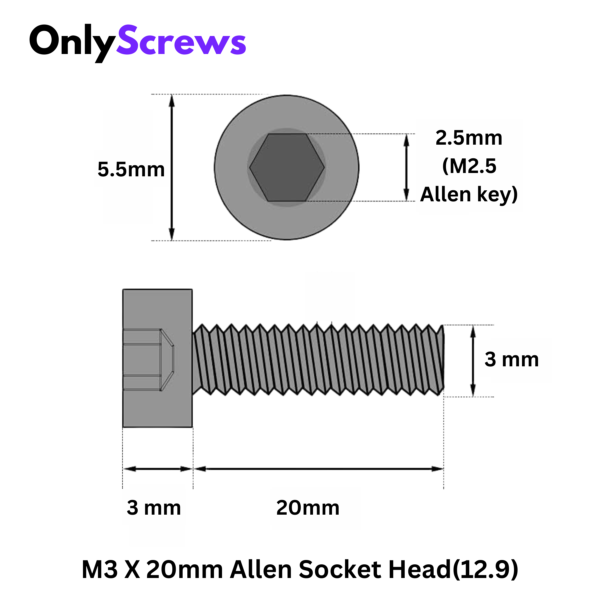 Second image of M3 X 20mm Hex (Allen) Socket Head High Tensile(12.9) Black oxide screw (Dia. 3mm, Length 20mm)